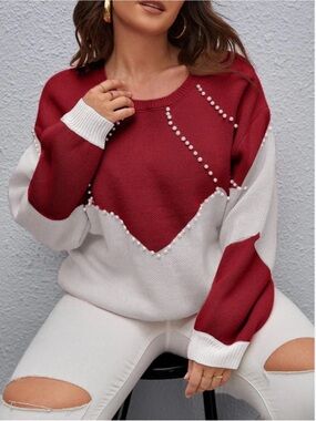 Crimson red & White Pearl Knit oversized large Sweater game day Alabama